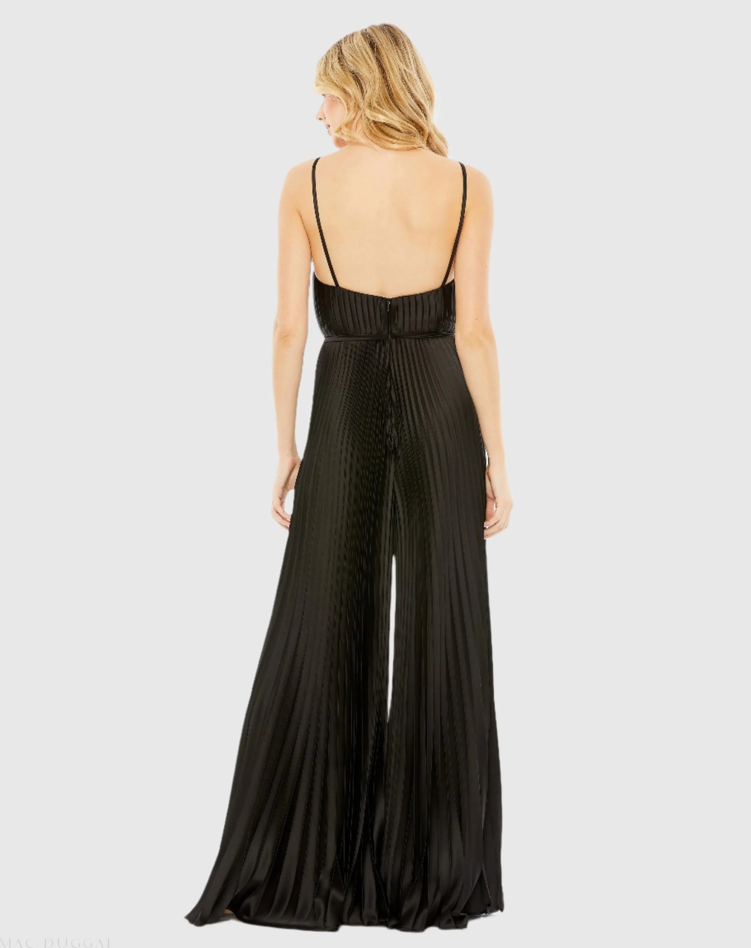 Black Pleated Plunge Neck Wide Leg Jumpsuit