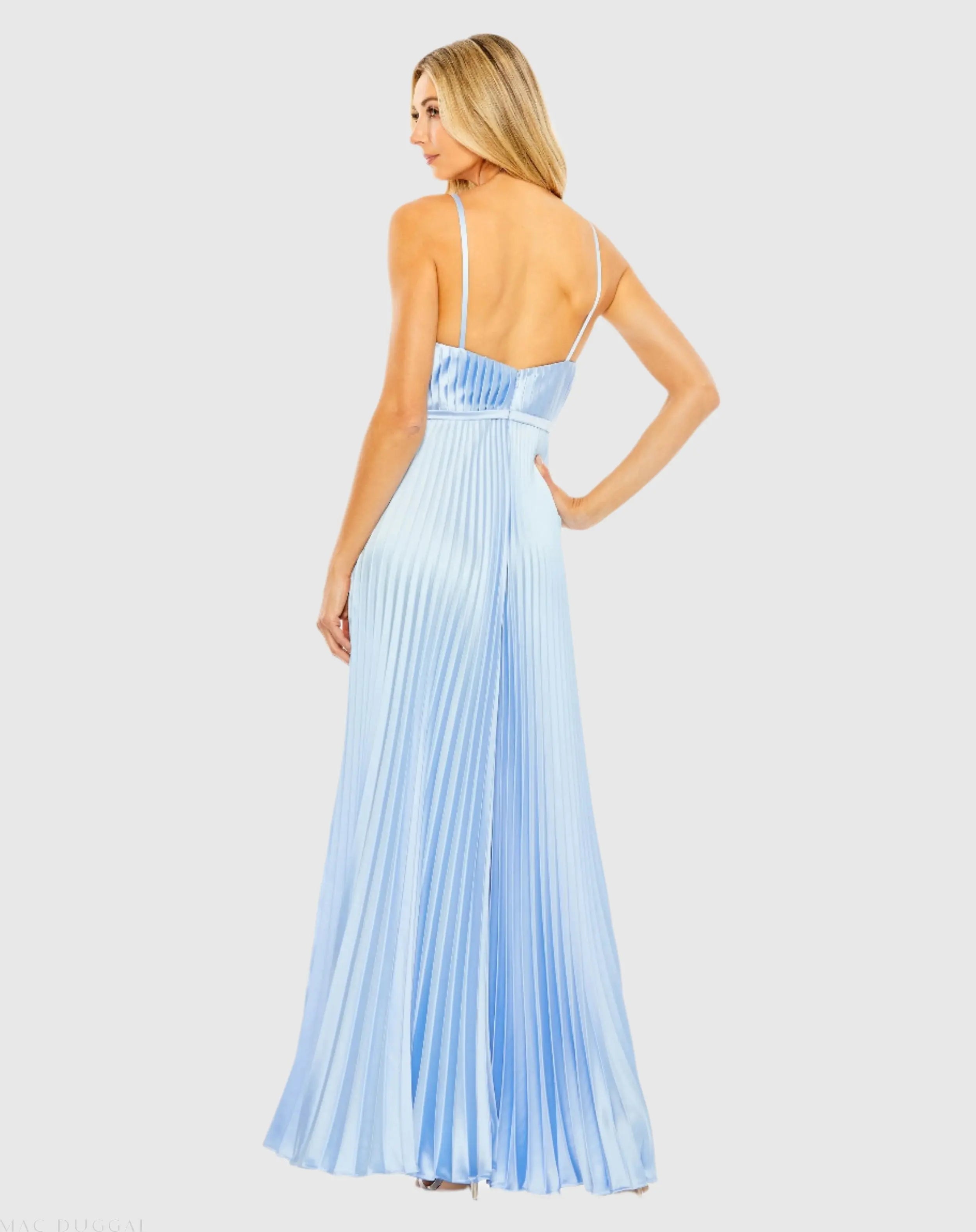 Light Blue Pleated Plunge Neck Wide Leg Jumpsuit