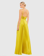 Green Pleated Plunge Neck Wide Leg Jumpsuit