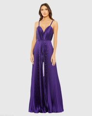 Purple Pleated Plunge Neck Wide Leg Jumpsuit