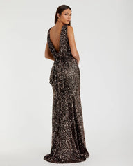 Brown Cowl Back Boat Neck Sequined Evening Gown