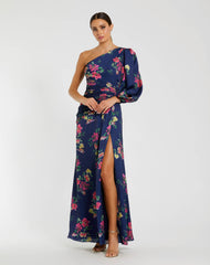 One Sleeve Floral Print Charmeuse Gown With Slit