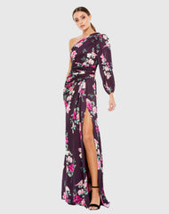 Purple Floral Print One Sleeve Gown