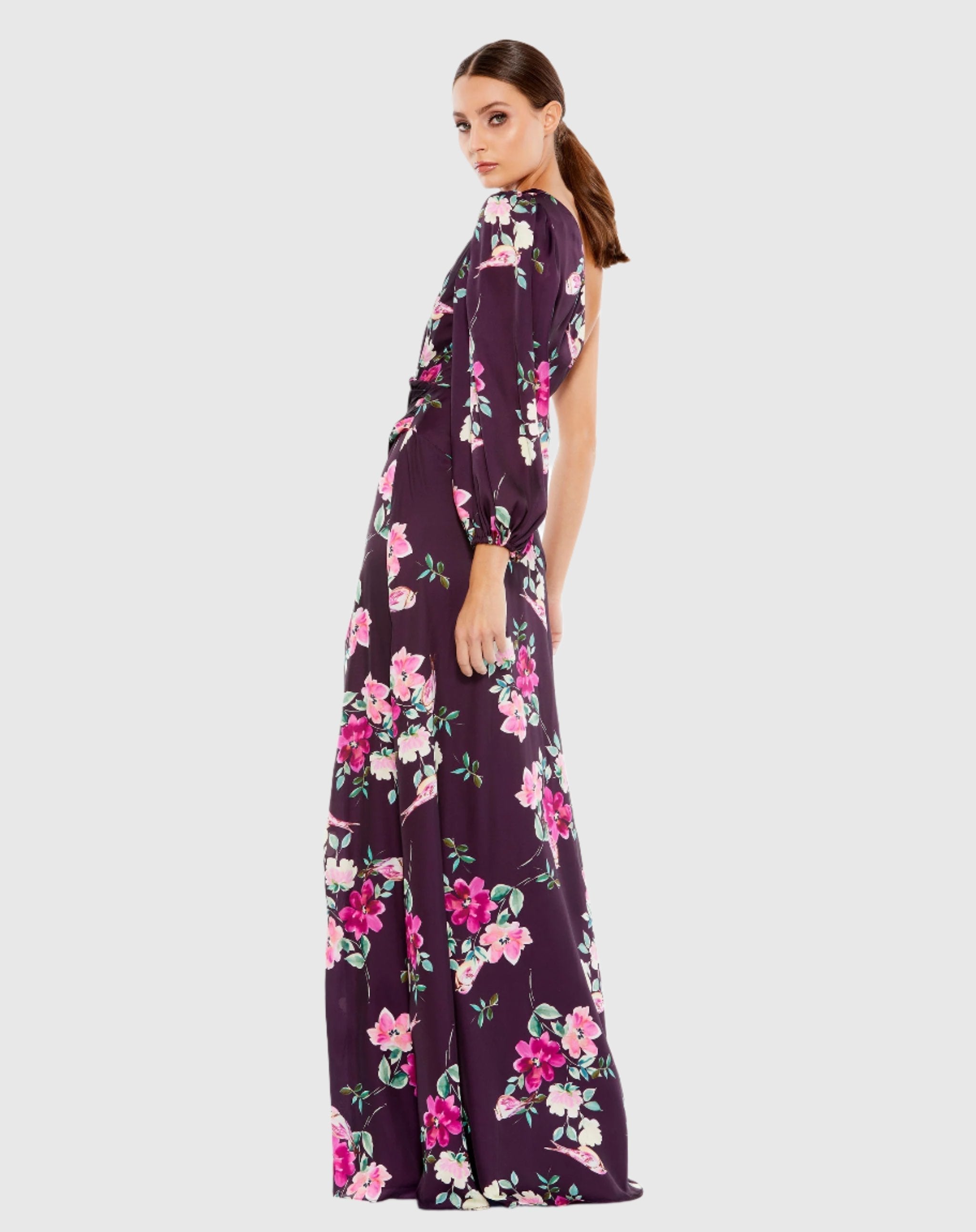 Purple Floral Print One Sleeve Gown