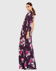 Purple Floral Print One Sleeve Gown