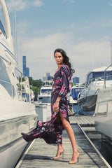 Purple Floral Print One Sleeve Gown
