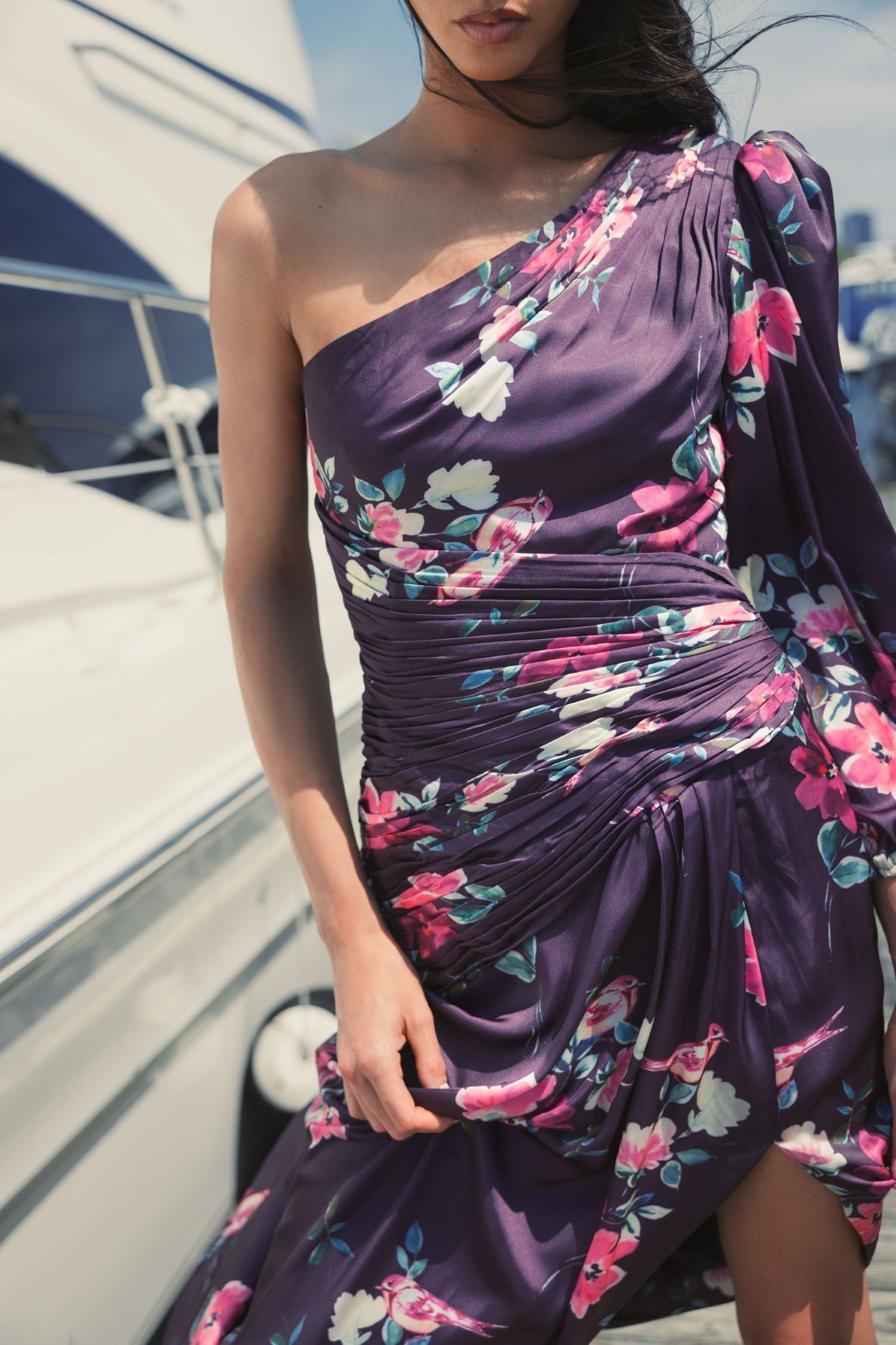 Purple Floral Print One Sleeve Gown