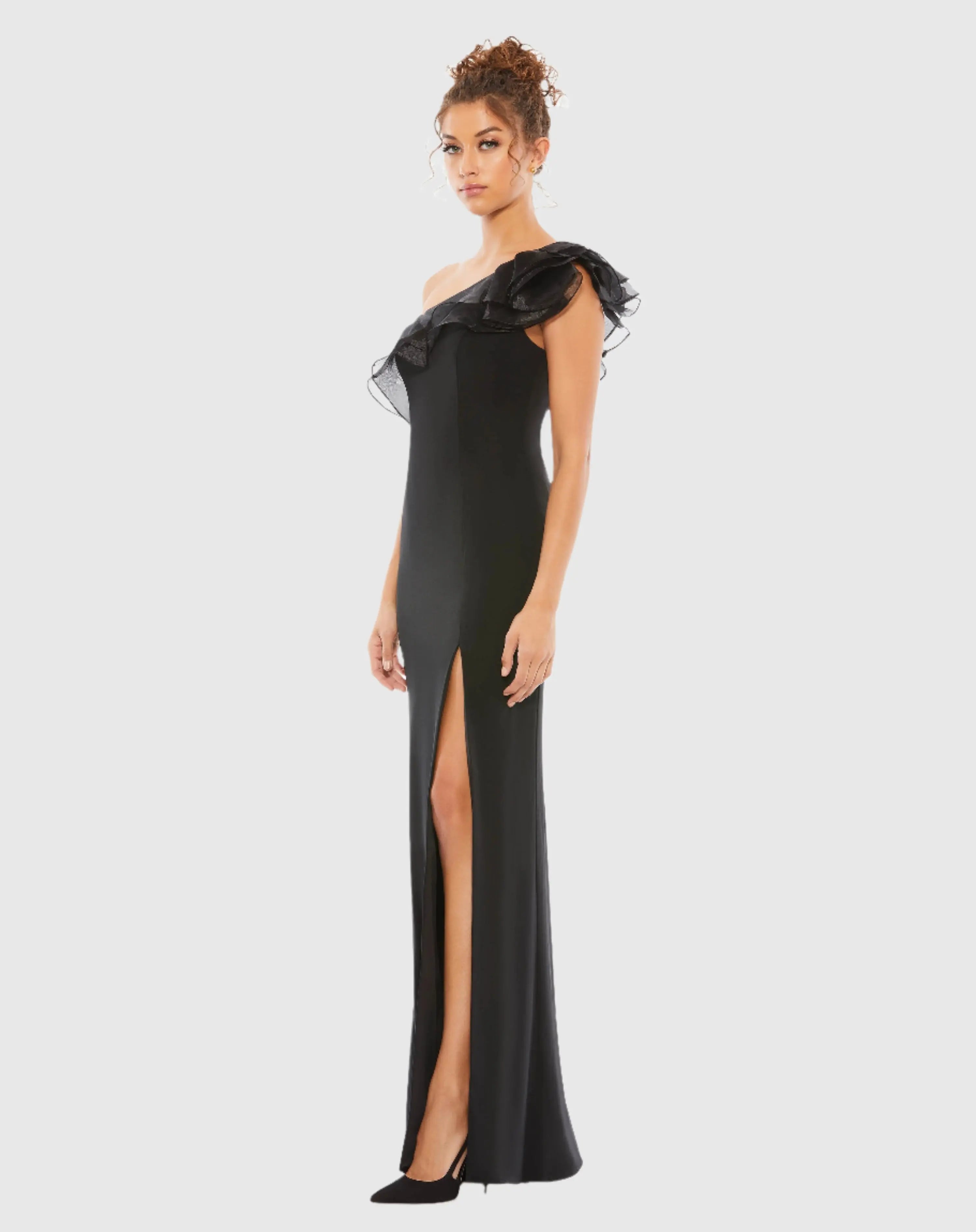 Black One Shoulder Ruffle Evening Gown