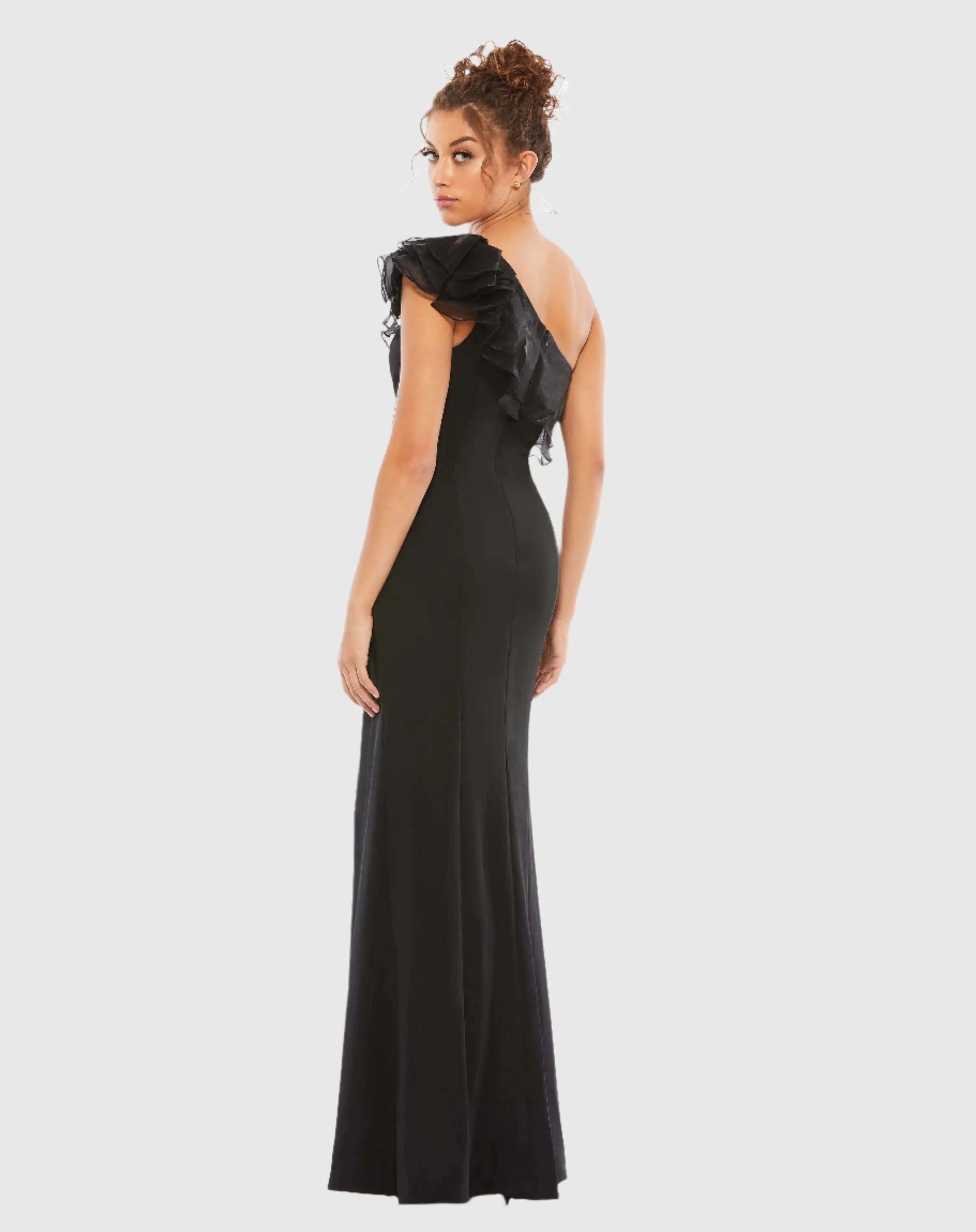 Black One Shoulder Ruffle Evening Gown