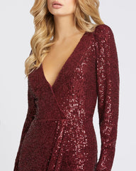 Red Faux Wrap Long Sleeve Sequin Gown
