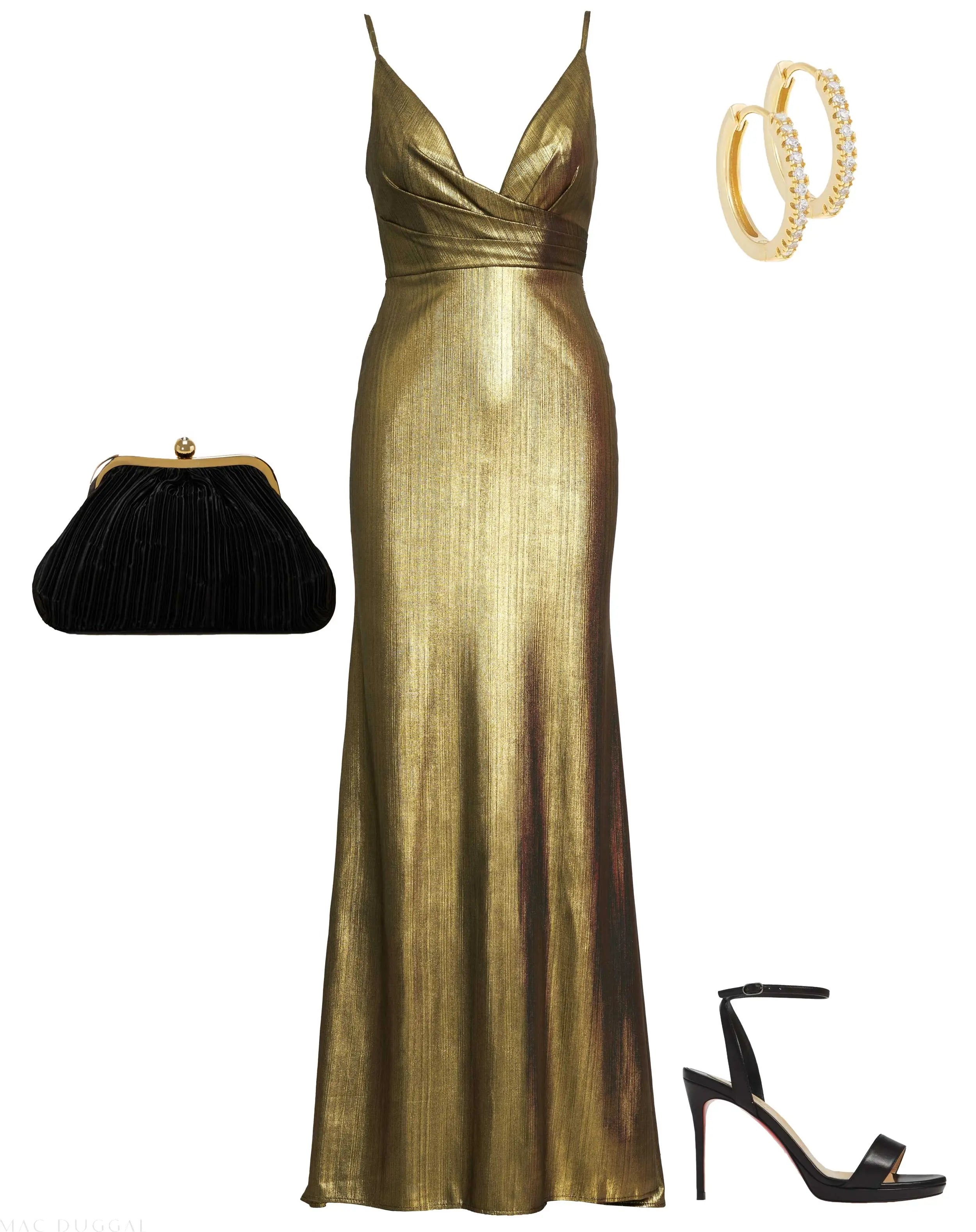 Gold Metallic Faux Wrap Spaghetti Strap Gown
