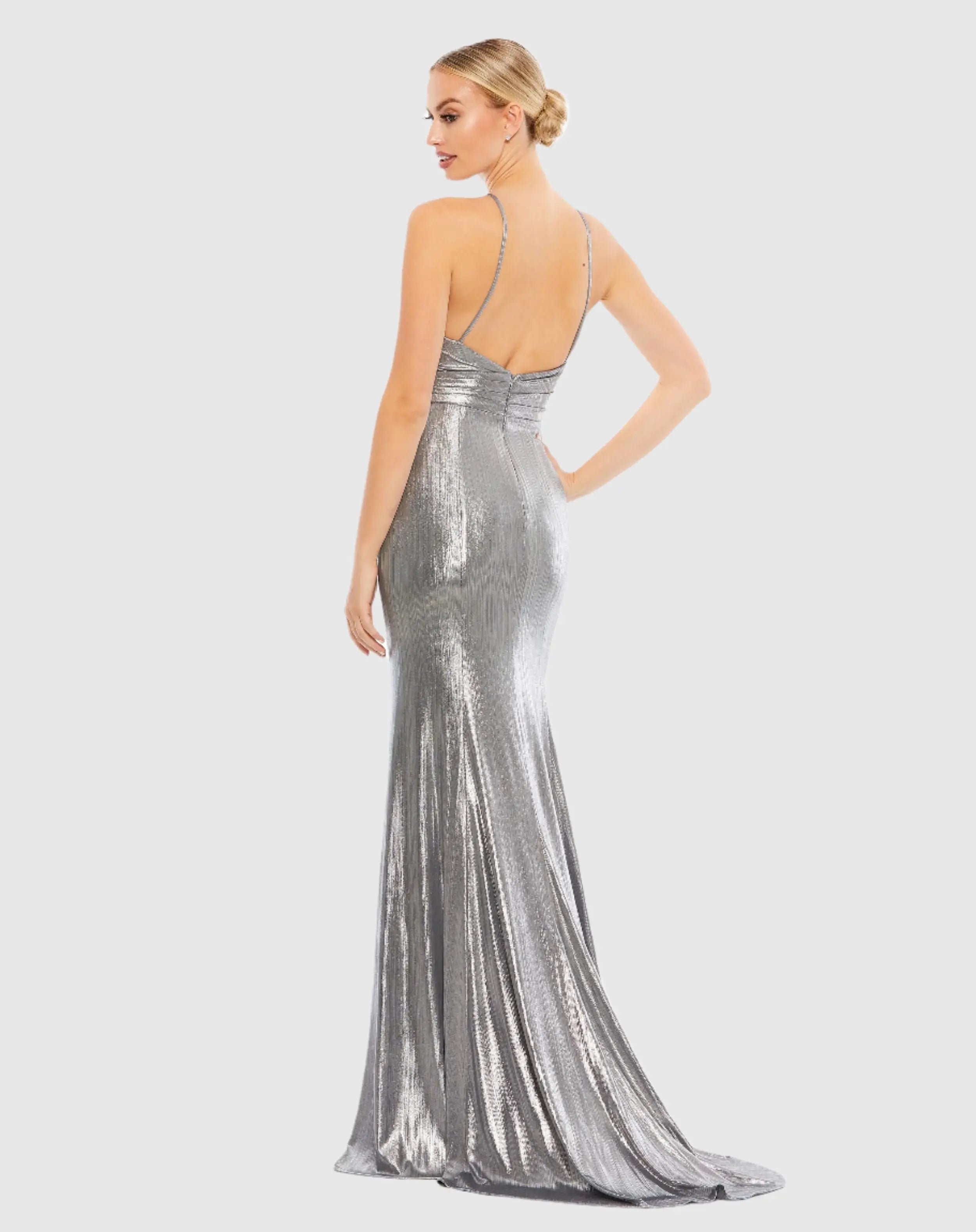 Silver Metallic Faux Wrap Spaghetti Strap Gown
