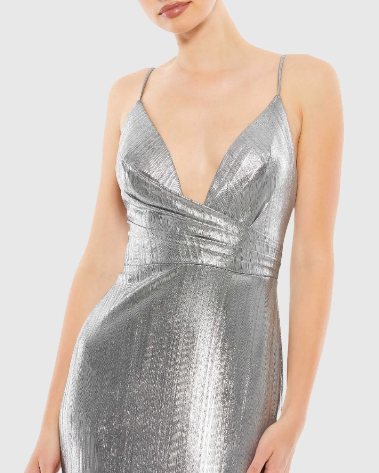 Silver Metallic Faux Wrap Spaghetti Strap Gown