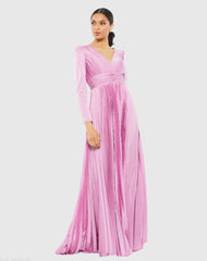 Light Purple Pleated Long Sleeve V-Neck Gown