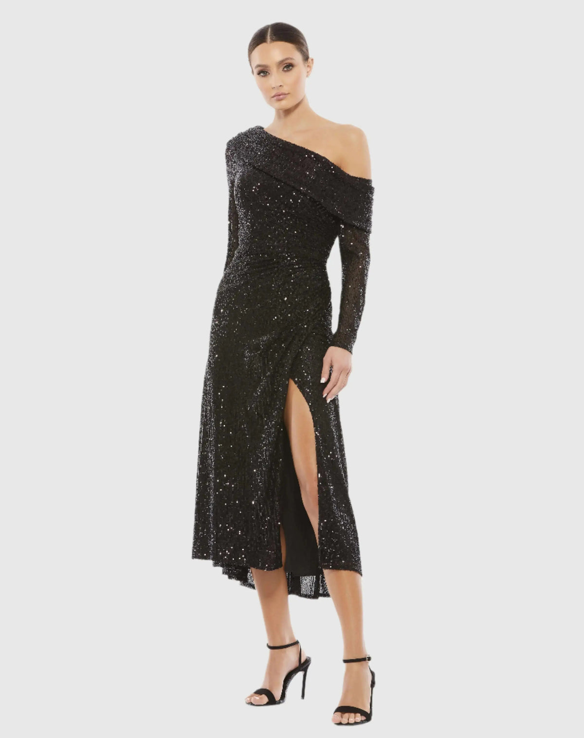 Black One Shoulder Sequin Long Sleeve Midi Dress