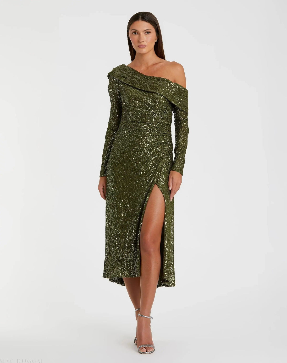 Green One Shoulder Sequin Long Sleeve Midi Dress