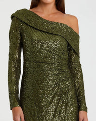 Green One Shoulder Sequin Long Sleeve Midi Dress