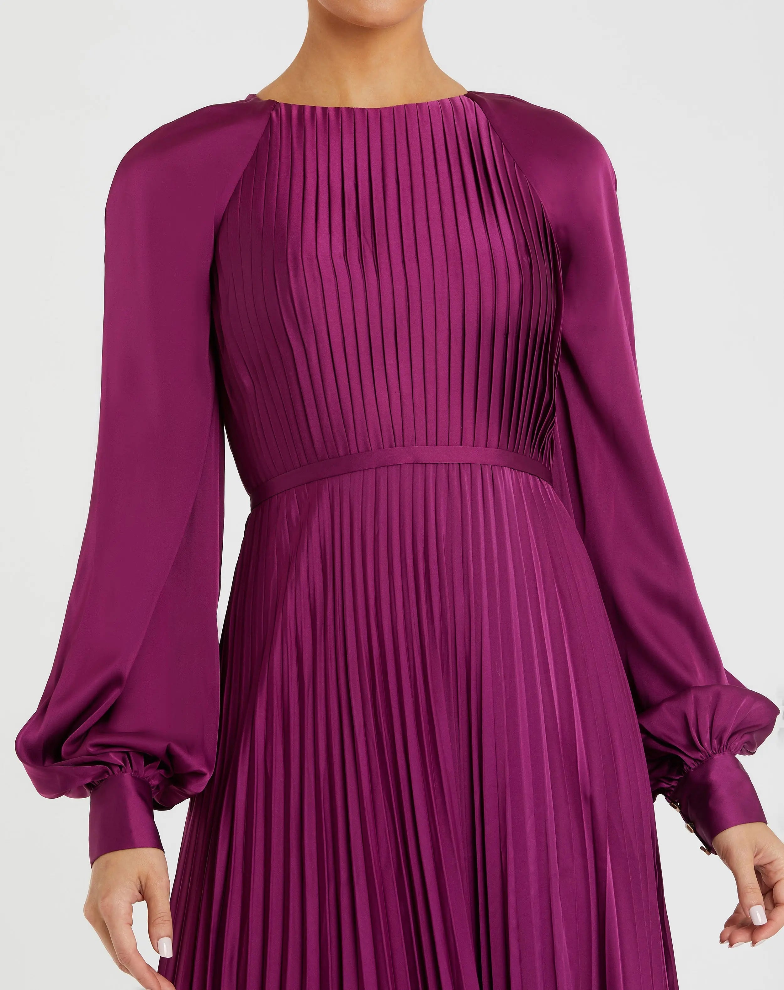 Purple Pleated High Neck Raglan Long Sleeve Side Slit Gown