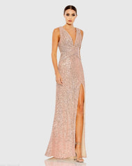 V-Neck Sequin Wrap Waist Gown