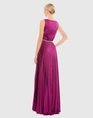 Purple Pleated Sleeveless Bateau Gown