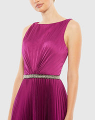Purple Pleated Sleeveless Bateau Gown