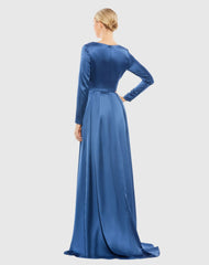 Blue Satin V Neck Long Sleeve Pleated Gown
