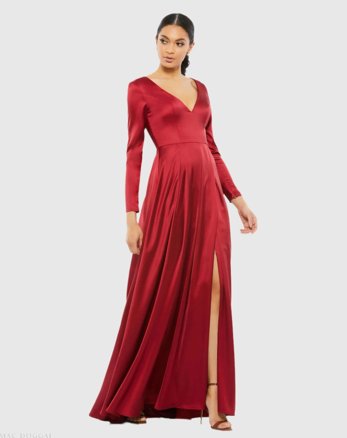 Satin V Neck Long Sleeve Pleated Gown