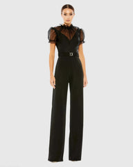 Black Belted Illusion High Neck Cap Sleeve Jumpsuit