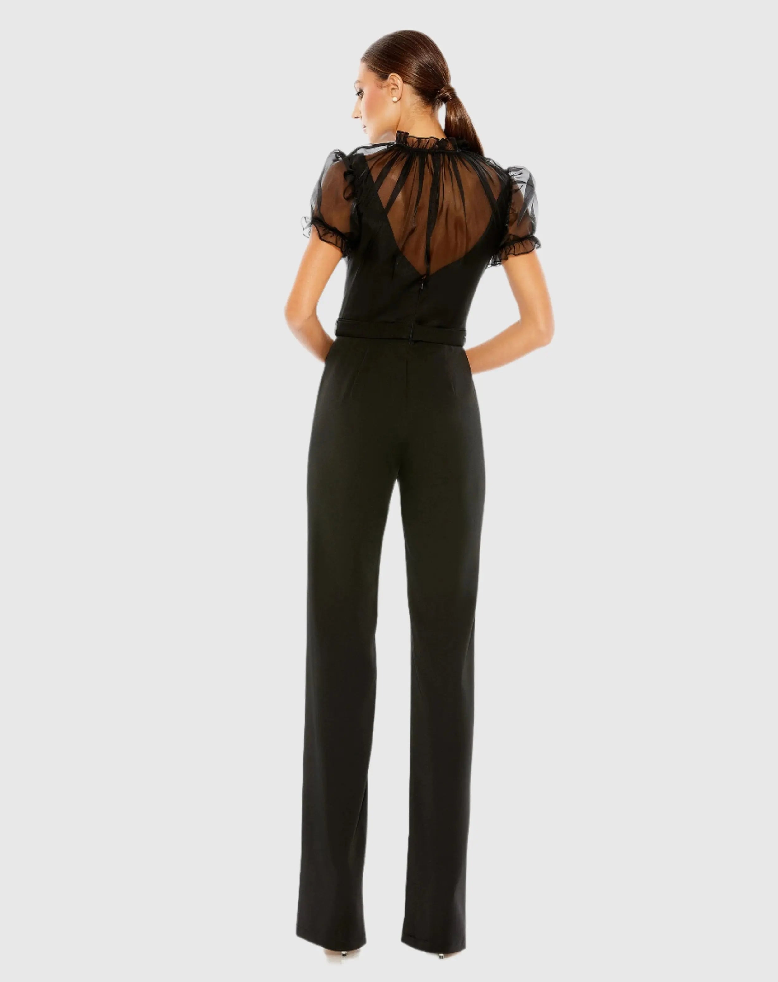 Black Belted Illusion High Neck Cap Sleeve Jumpsuit