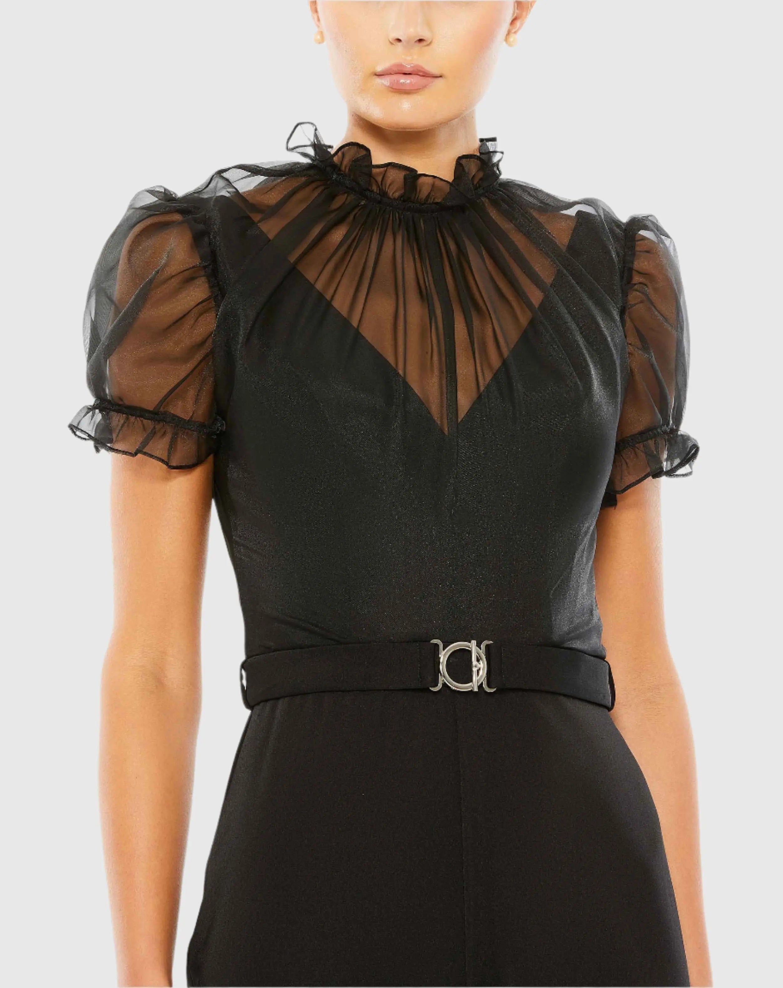 Black Belted Illusion High Neck Cap Sleeve Jumpsuit