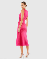 Pink Satin Ruched V-Neck Faux Wrap Midi Dress