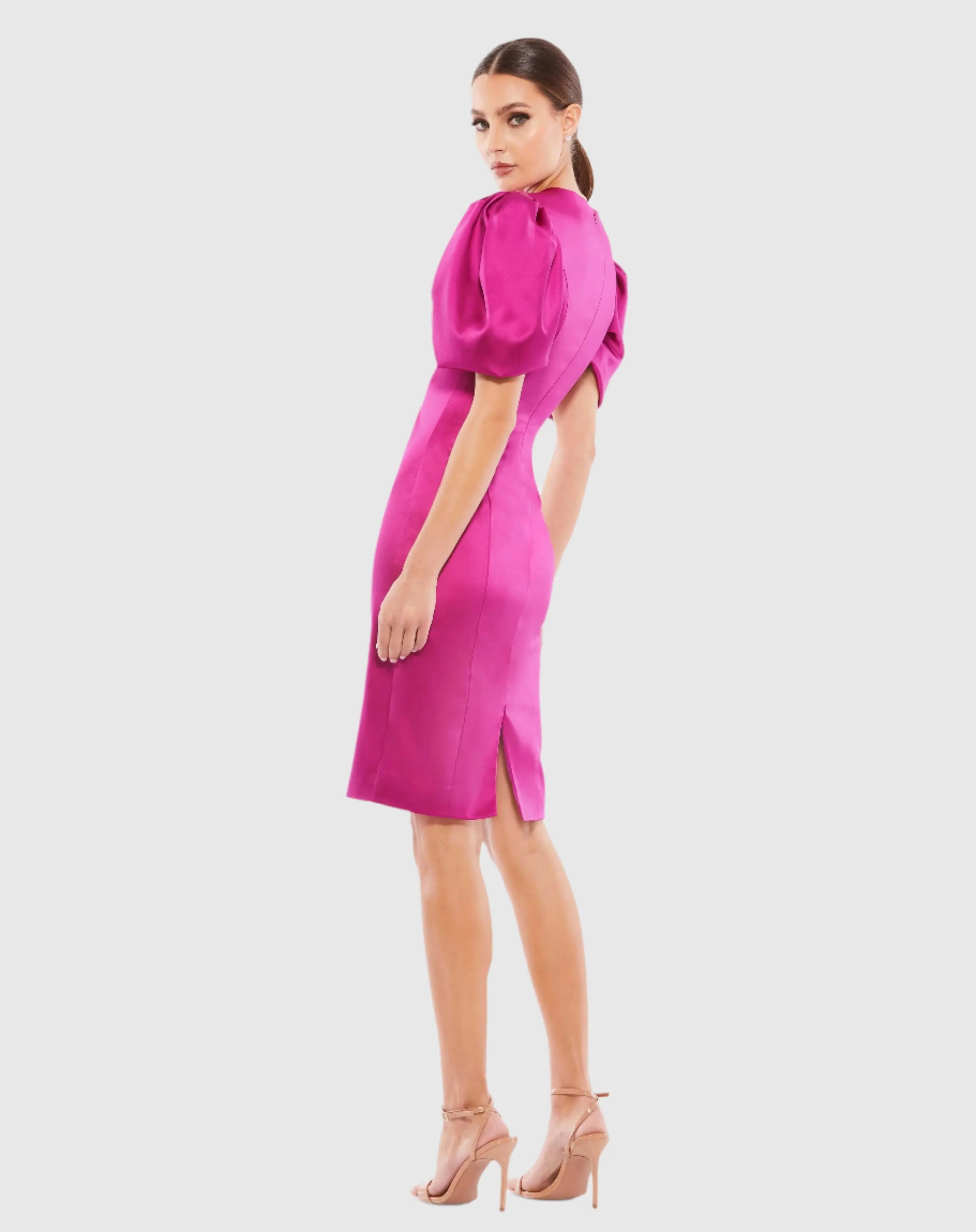 Pink Satin Puff Sleeve Fitted Mini Dress