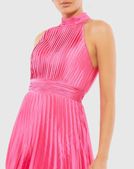 Pink High Neck Pleated A-Line Mini Dress