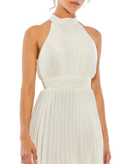 White High Neck Pleated A-Line Mini Dress