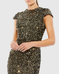 Black and Gold Cap Sleeve High Neck Sequin Gown