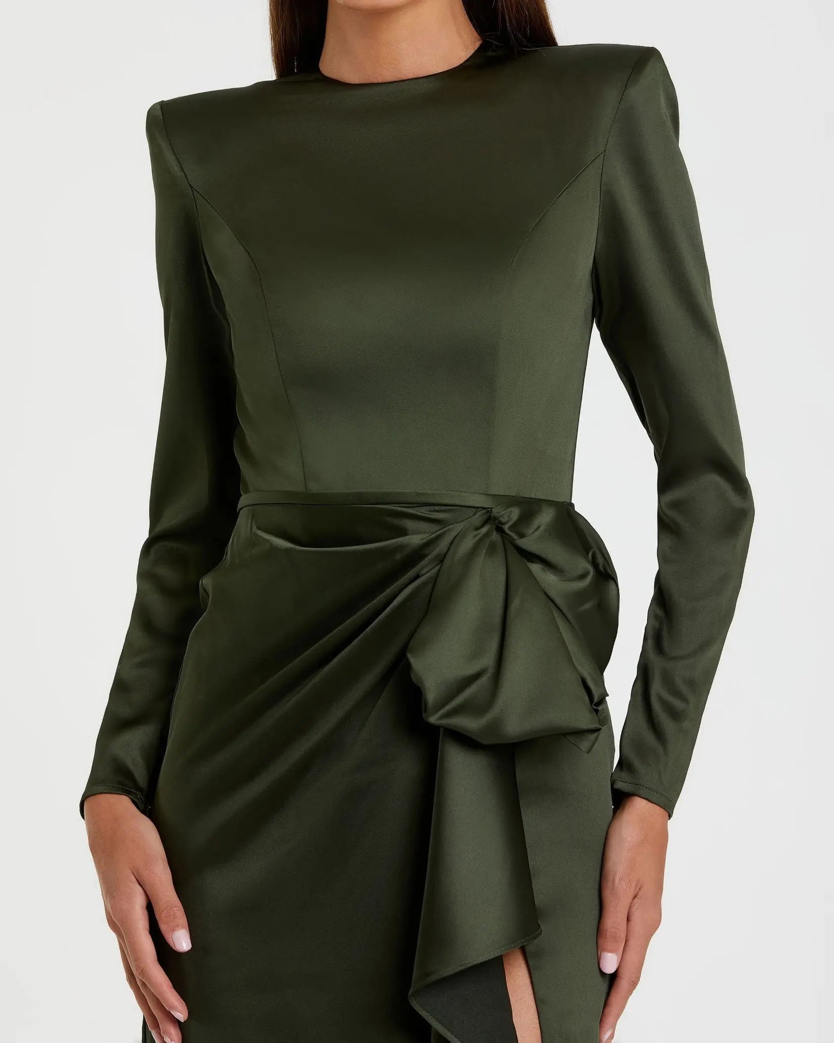 Dark Green Long Sleeve Satin Structured Bow Draped Column Gown