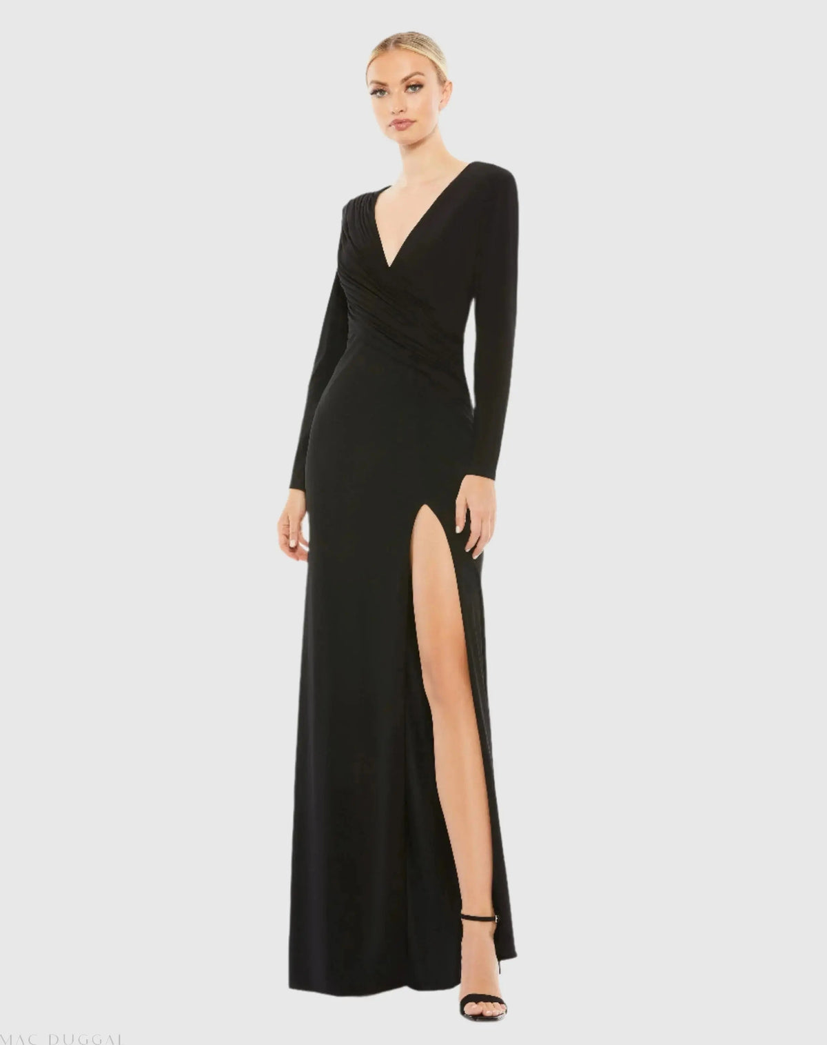 Black Jersey Long Sleeve Asymmetrical Ruched Gown
