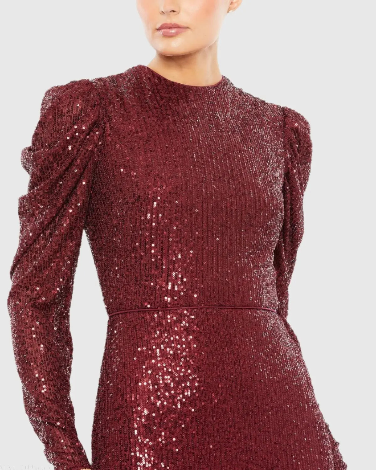 Red Sequined High Neck Puff Long Sleeve Column Gown