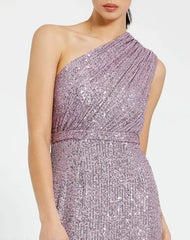 Purple Sequined Ruched One Shoulder Gown