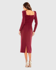 Red Square Puff Shoulder Long Sleeve Midi Dress