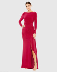 Red Ruched Long Sleeve Cowl Neck Gown