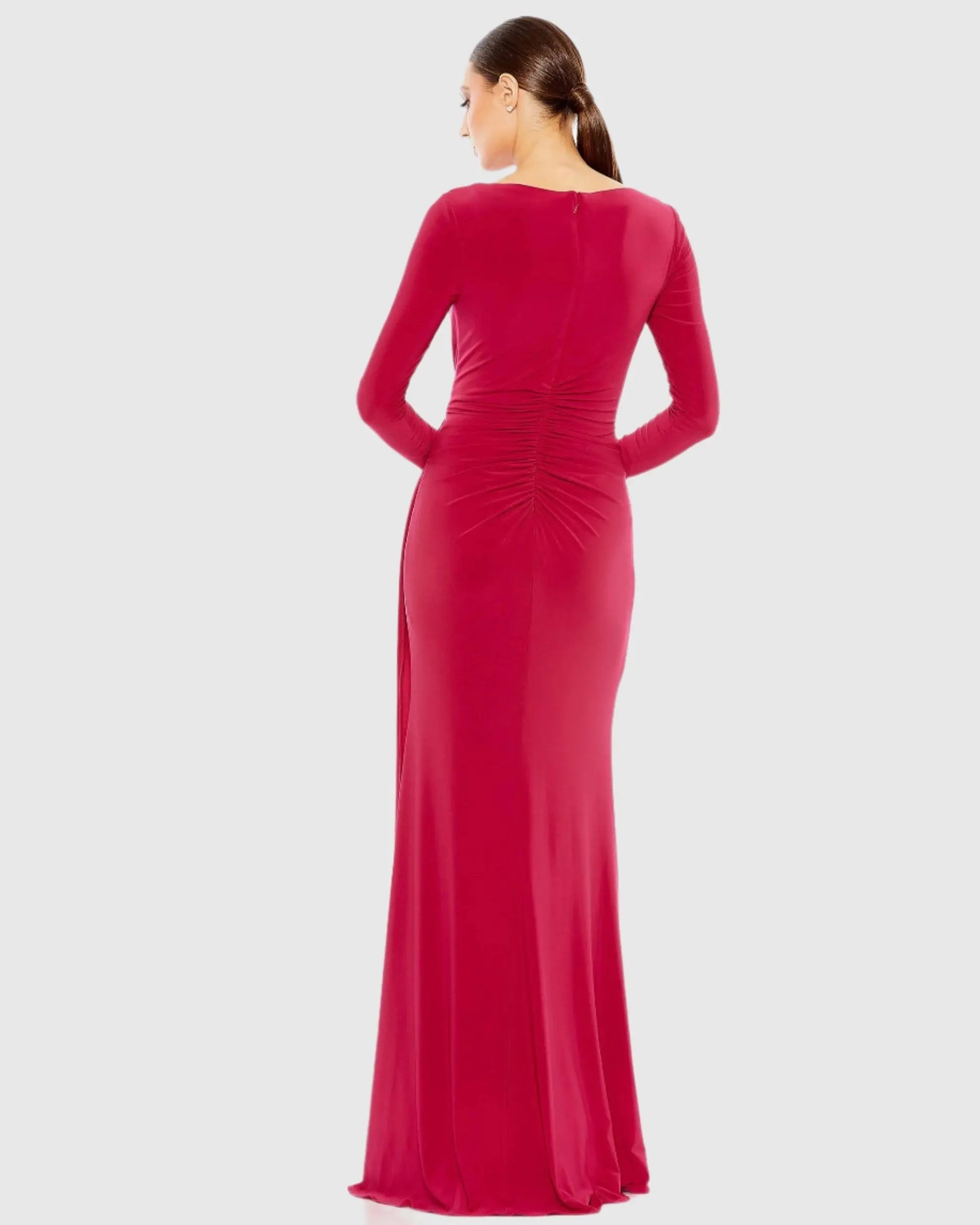 Red Ruched Long Sleeve Cowl Neck Gown