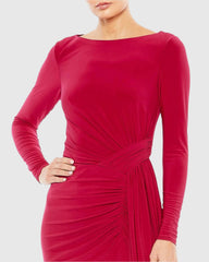 Red Ruched Long Sleeve Cowl Neck Gown