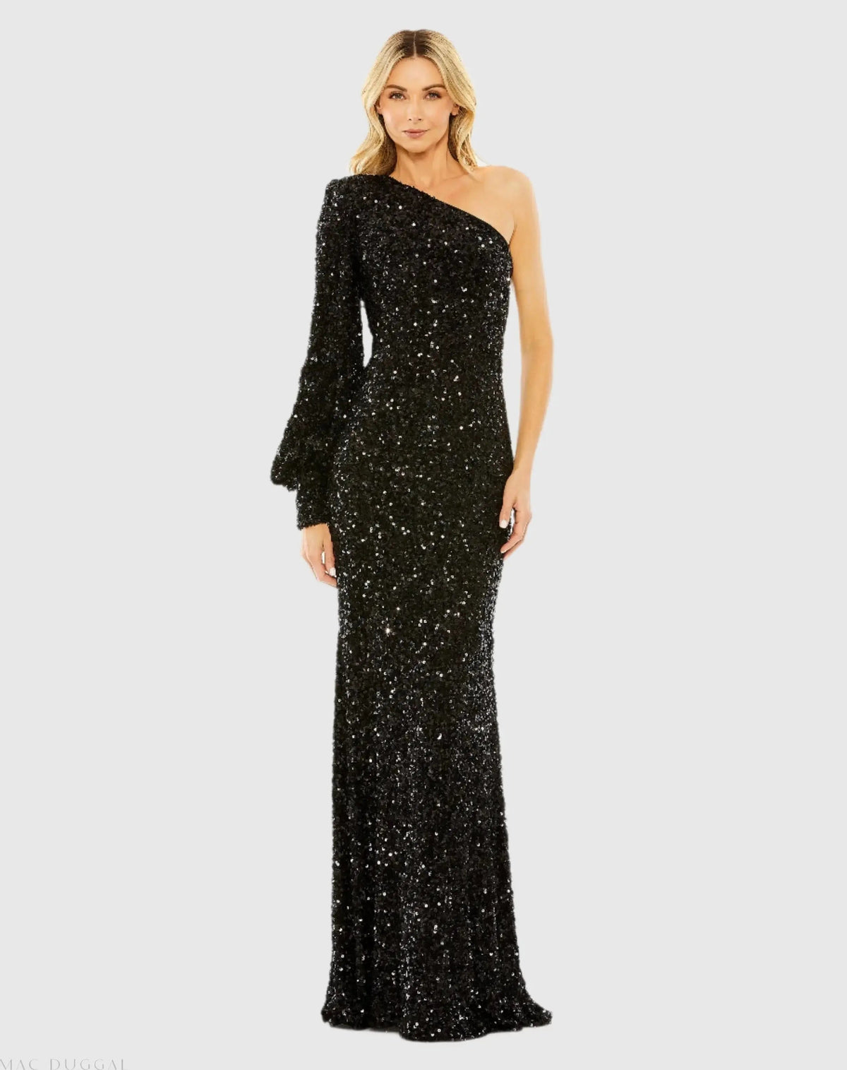 Black Sequined One Shoulder Bishop Sleeve Trumpet Gown