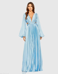Blue Long Sleeve Pleated Charmeuse Cut Out Gown
