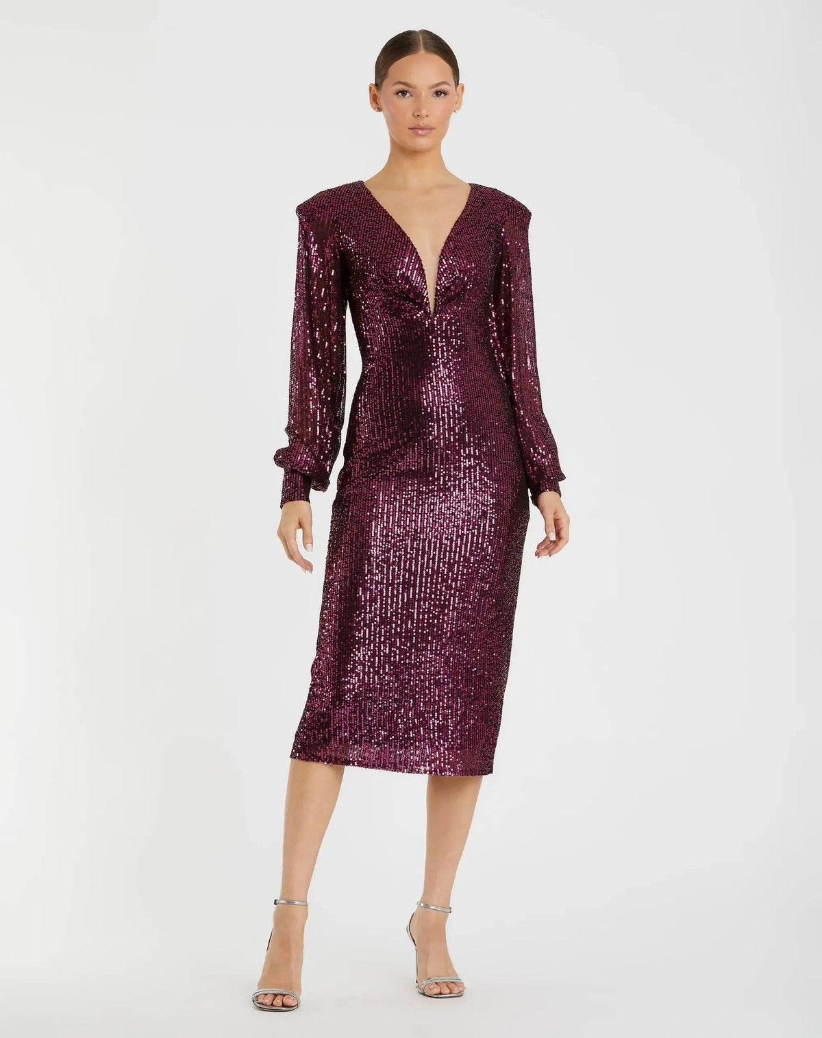 Purple Sequined Structured Bishop Sleeve Midi Dress