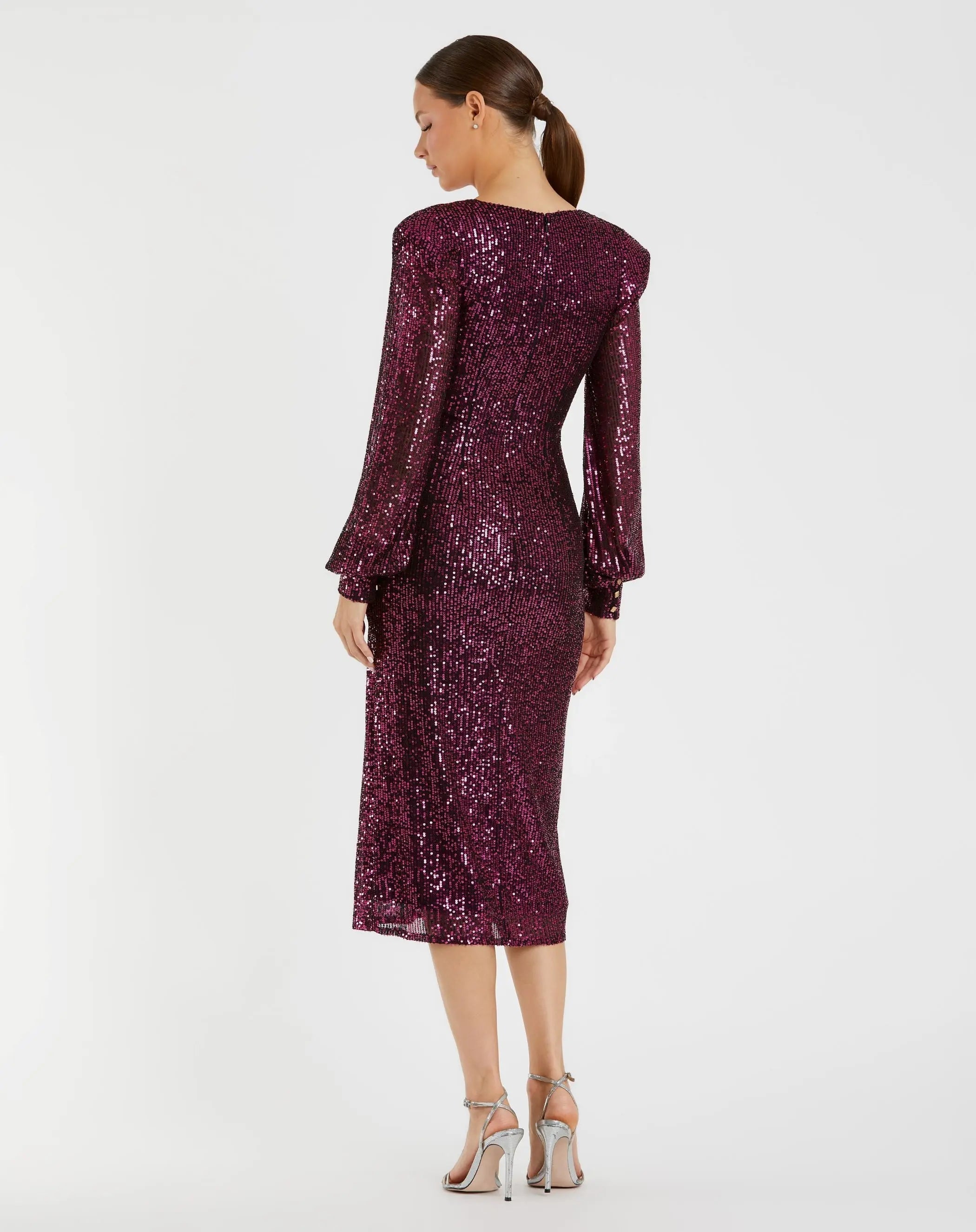 Purple Sequined Structured Bishop Sleeve Midi Dress