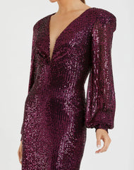 Purple Sequined Structured Bishop Sleeve Midi Dress