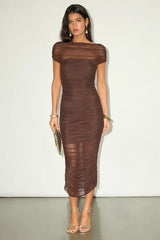 Brown  Sunama Slate Blue Mesh Ruched Bodycon Midi Dress