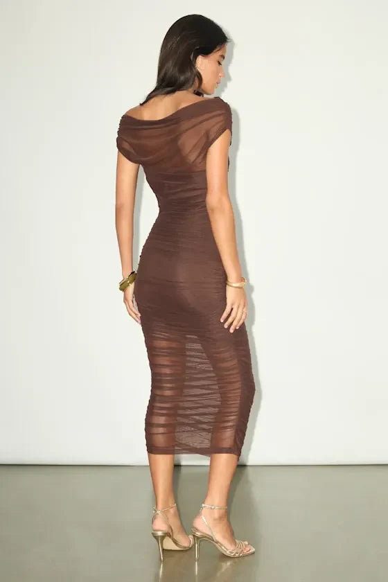 Brown  Sunama Slate Blue Mesh Ruched Bodycon Midi Dress
